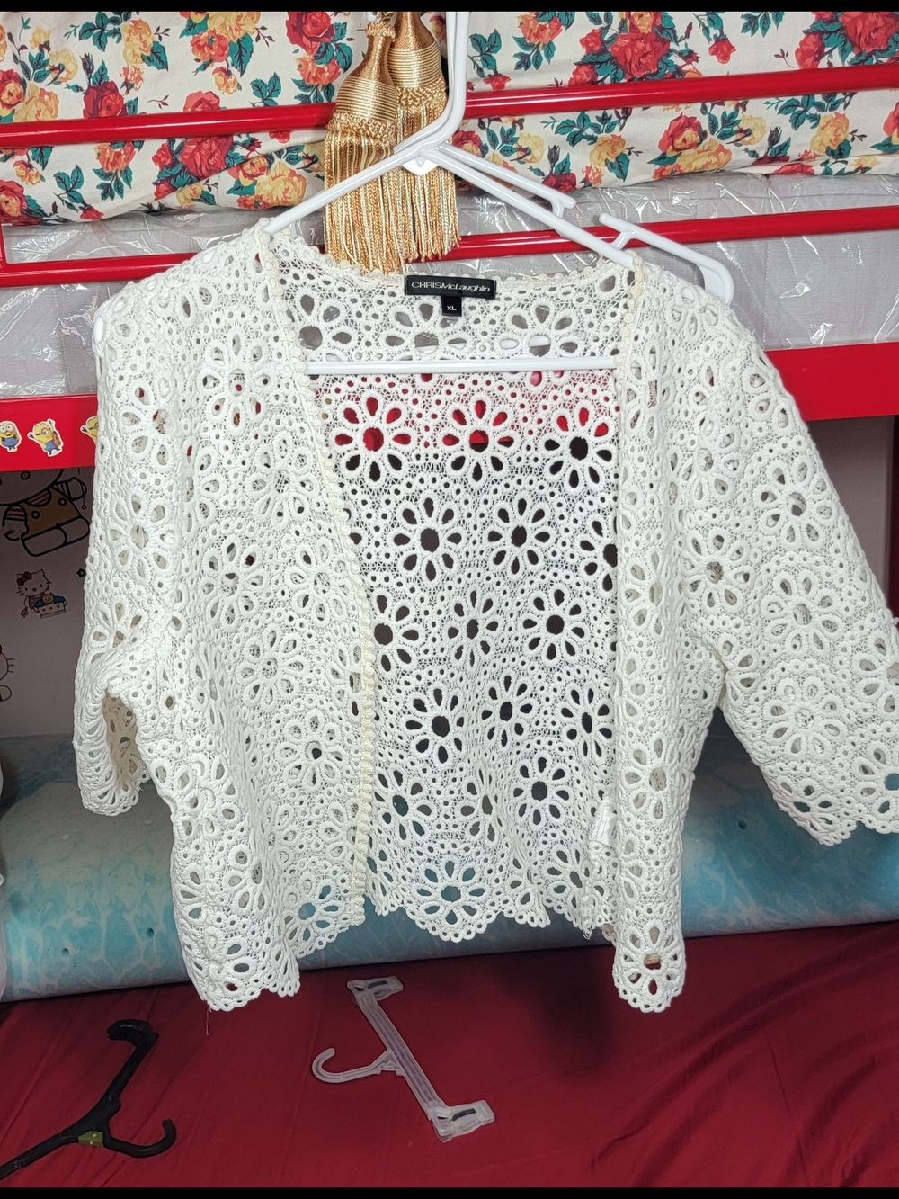 Crochet Floral Open-Front White Blazer